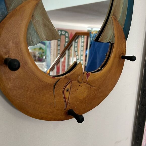 Vintage 23" Boho Celestial Wood Wall Mirror Moon Sun Stars Hand Painted Preowned - Picture 11 of 12